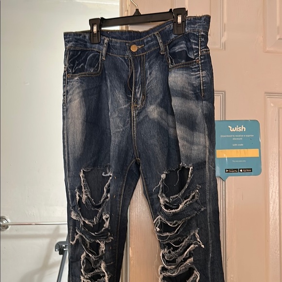 Blue Skinny Distressed Jeans with Edgy Design - Picture 1 of 2